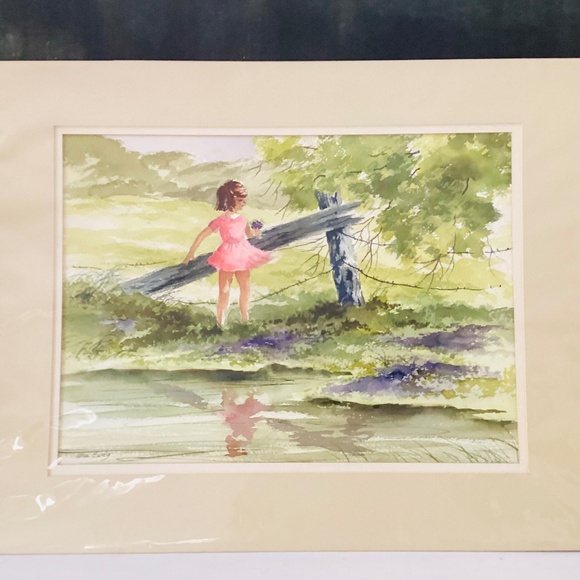 Original Watercolor Painting Little Girl W/Flowers Artist Signed Matted Sealed - Picture 1 of 10
